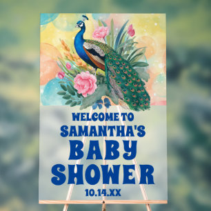 Cute Floral Peacock Baby Shower Welcome Frosted Acrylic Sign
