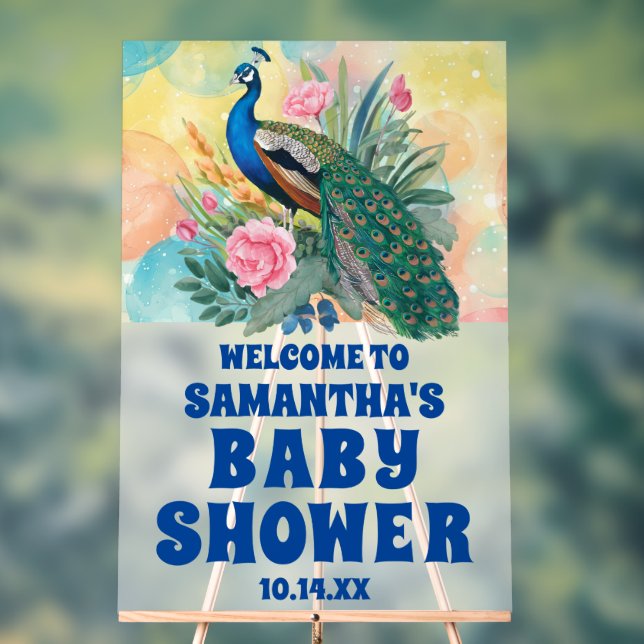 Cute Floral Peacock Baby Shower Welcome Frosted Acrylic Sign (Neutral)