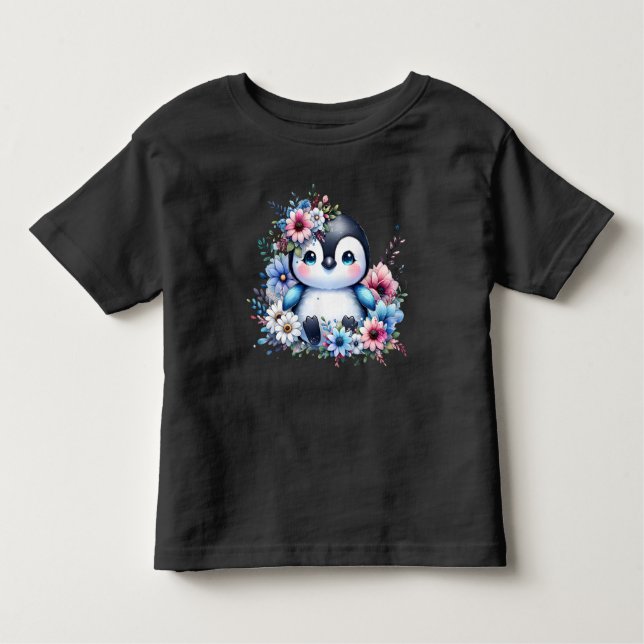 Cute Floral Penguin Pastel Illustration T-Shirt (Front)