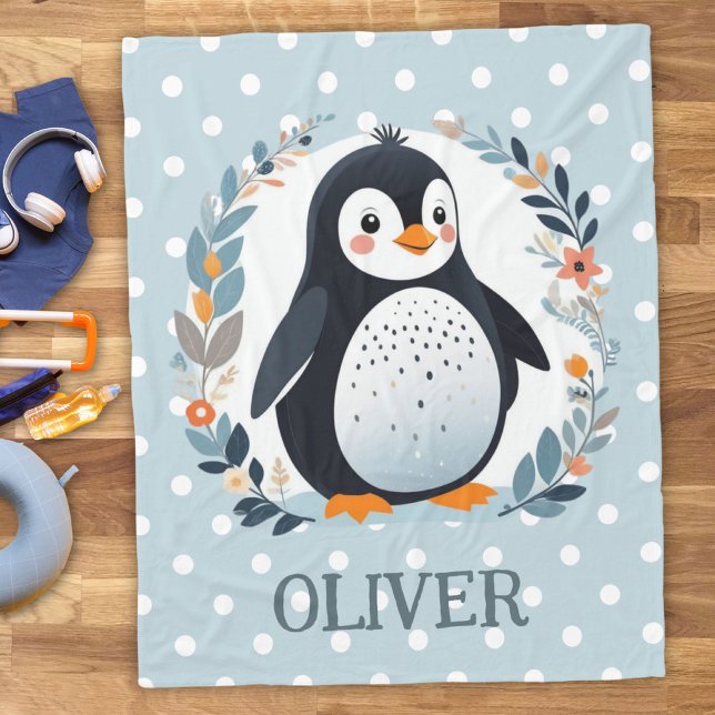 Cute Floral Penguin with Polka Dots Fleece Blanket (Creator Uploaded)