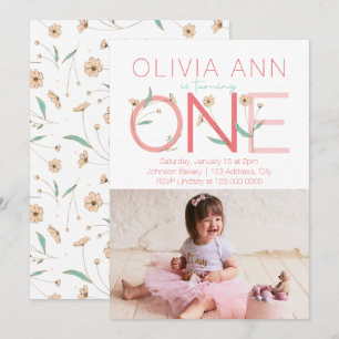 Cute Floral Photo First Birthday Invitation