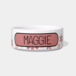 Cute Floral Pink and Grey Daisy Personalise Dog Bowl