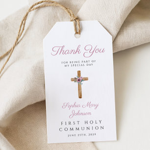 Cute Floral Pink Cross Girl First Communion Gift Tags