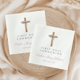Cute Floral Pink Cross Girl First Communion Napkin