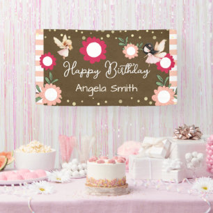 Cute Floral Pink Fairy Girl Birthday Kraft Banner