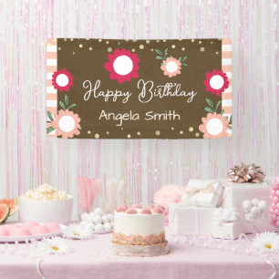 Cute Floral Pink Little Girl Birthday Kraft Banner