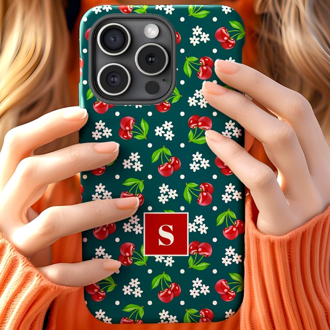 Cute Floral Polka Dot Cherries Teal Monogram Case-Mate iPhone Case (Creator Uploaded)