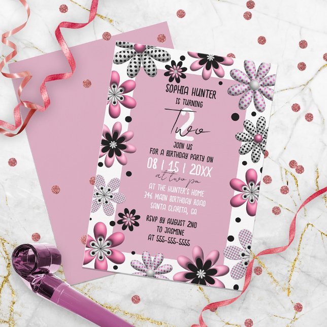 Cute Floral Polka Dot Pink Black 2nd Birthday Invitation (Creator Uploaded)