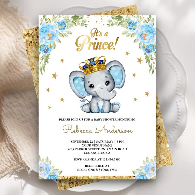 Cute Floral Prince Elephant Baby Shower Invitation (Creator Uploaded)