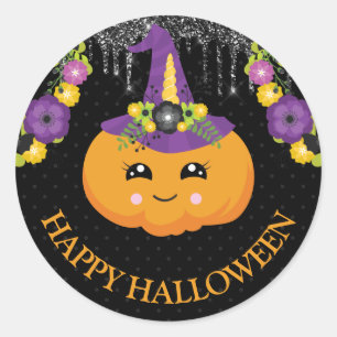 Cute Floral Pumpkin and Glitter Halloween Classic Round Sticker