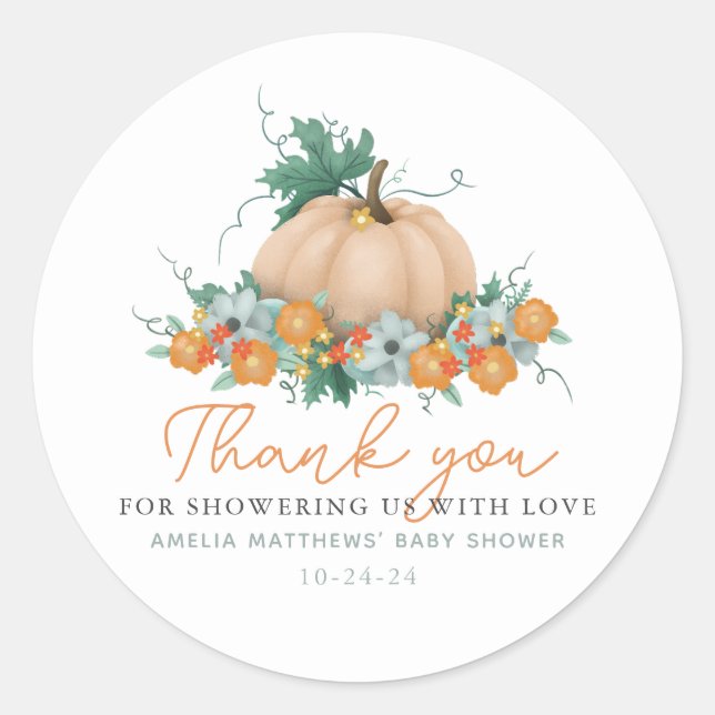 Cute Floral Pumpkin Fall Thank You Baby Shower Classic Round Sticker (Front)