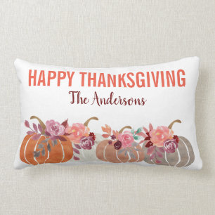 Cute Floral Pumpkins Add Your Text Thanksgiving Lumbar Cushion