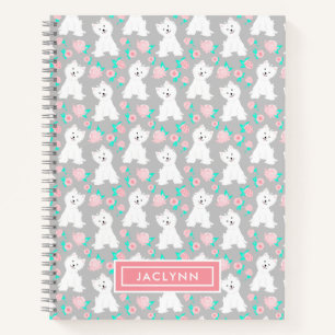 Cute Floral Puppy Pattern   Personalised   Grey Notebook