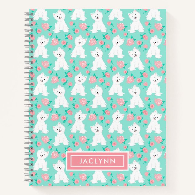 Cute Floral Puppy Pattern | Personalised | Mint Notebook (Front)