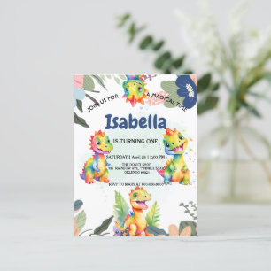 Cute Floral Rainbow Dinosaur Happy Birthday Party Postcard