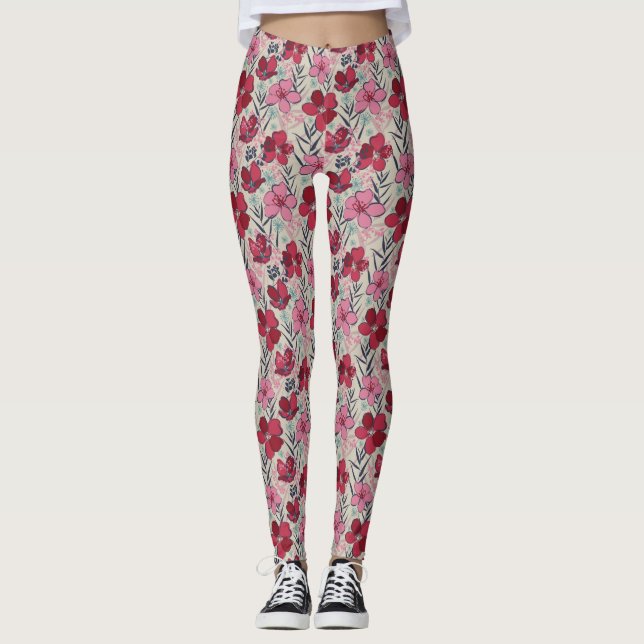Cute Floral Red & Pink Pattern Leggings (Front)