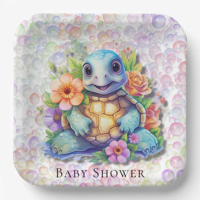 Cute Floral Sea Turtle And Bubbles Baby Shower Paper Plate (Front)