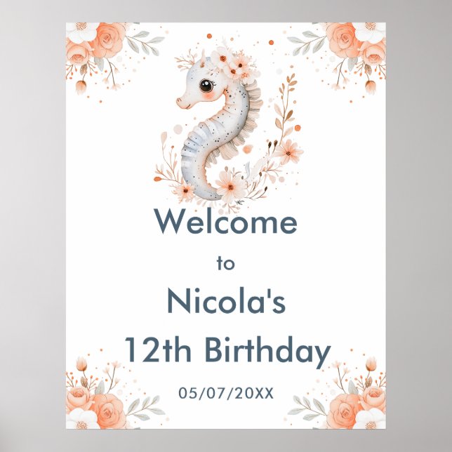 Cute Floral Seahorse Birthday Party Welcome Poster (Front)