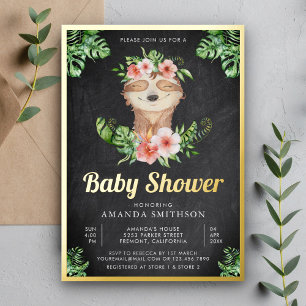 Cute Floral Sloth Girl Chalkboard Baby Shower Gold