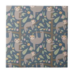 Cute Floral Sloth Pattern Ceramic Tile