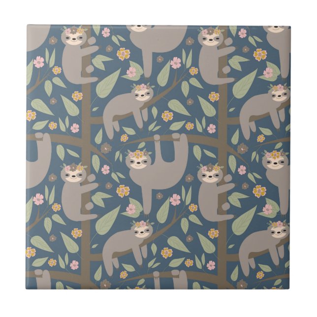 Cute Floral Sloth Pattern Ceramic Tile (Front)
