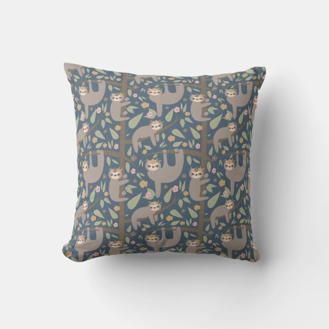 Cute Floral Sloth Pattern Cushion (Front)