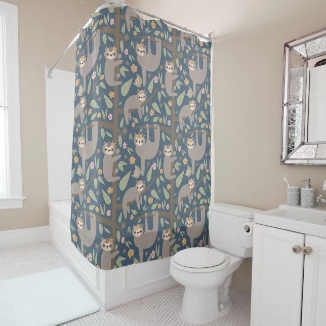 Cute Floral Sloth Pattern Shower Curtain (In Situ)