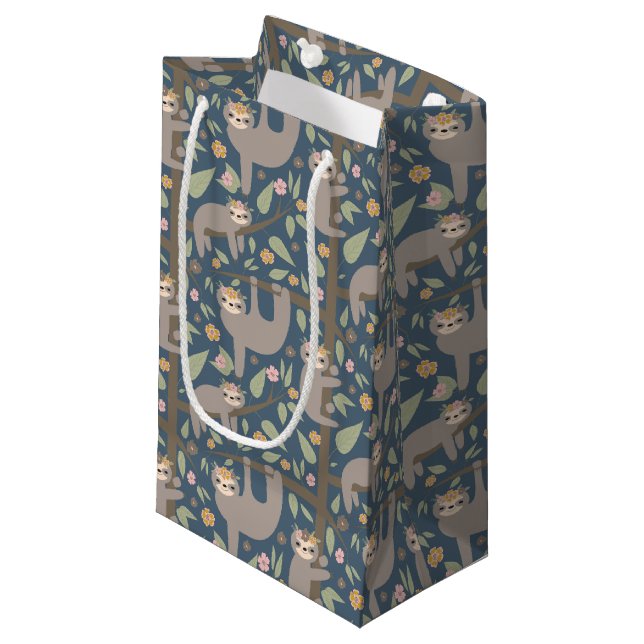 Cute Floral Sloth Pattern Small Gift Bag (Front Angled)