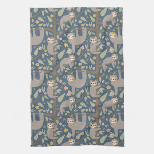 Cute Floral Sloth Pattern Tea Towel
