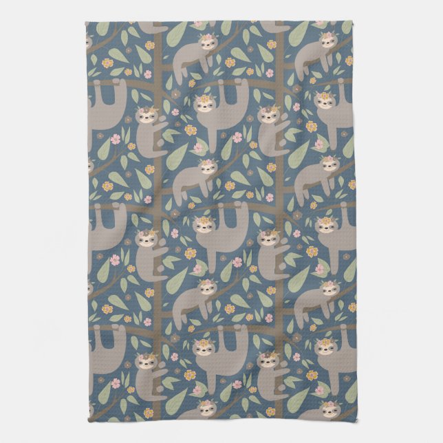 Cute Floral Sloth Pattern Tea Towel (Vertical)