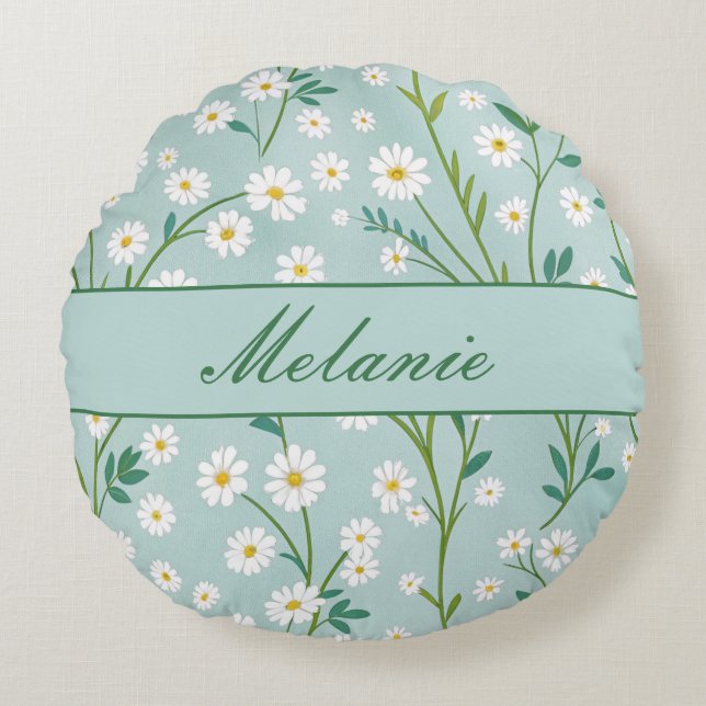 Cute Floral Spring Daisy Green Personalised Round Cushion (Front)