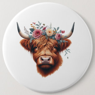 Cute, floral/spring highland cow 6 cm round badge