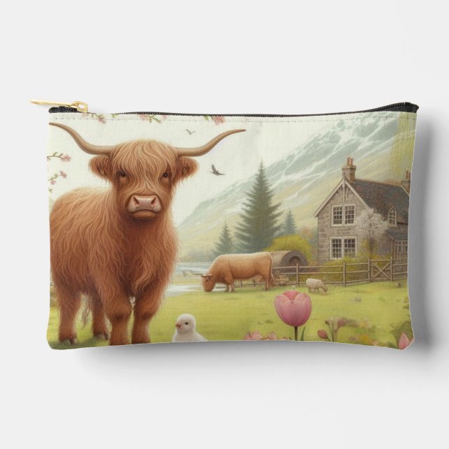 Cute, floral/spring highland cow accessory pouch (Front)