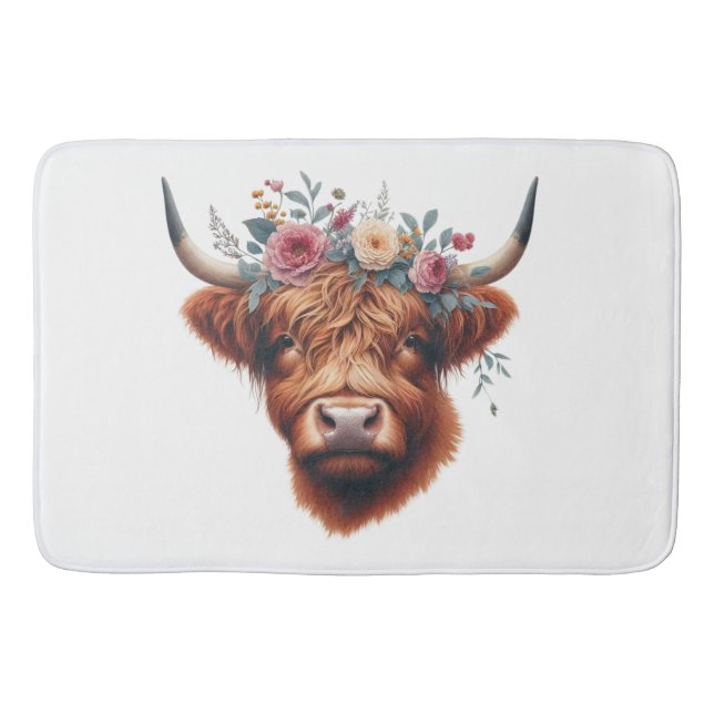 Cute, floral/spring highland cow bath mat (Front)