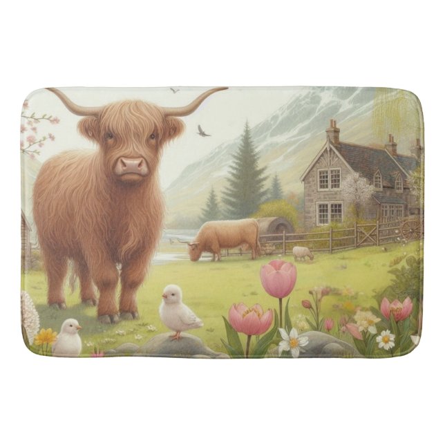 Cute, floral/spring highland cow bath mat (Front)