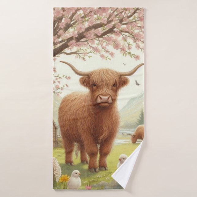 Cute, floral/spring highland cow bath towel (Bath Towel)