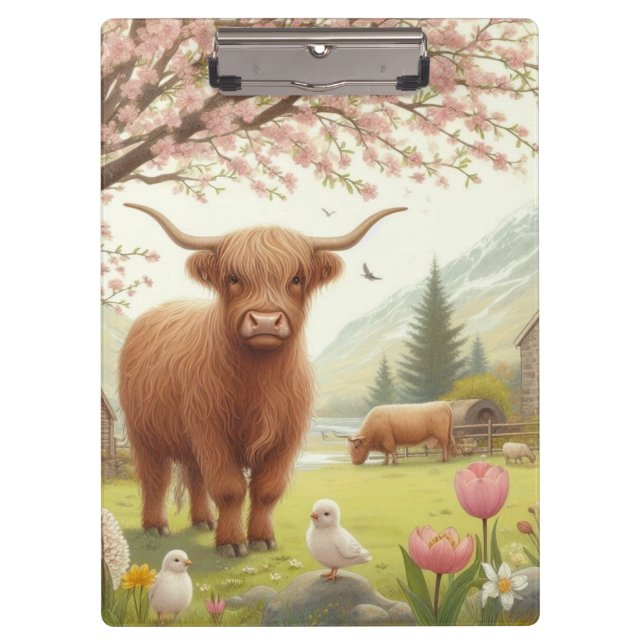 Cute, floral/spring highland cow clipboard (Front)