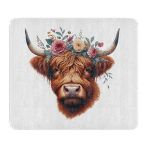 Cute, floral/spring highland cow cutting board