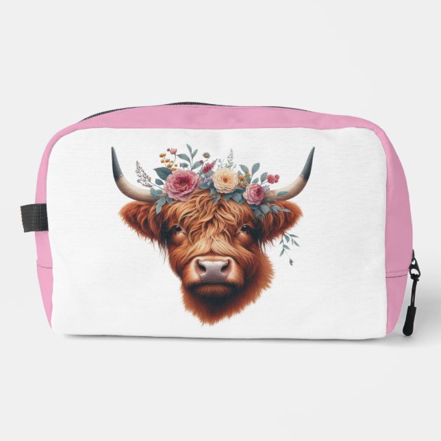 Cute, floral/spring highland cow dopp kit (Front)