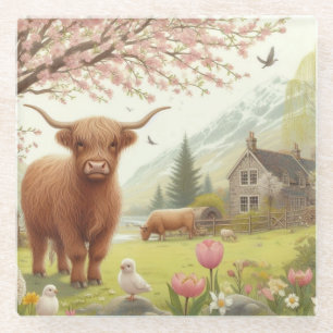 Cute, floral/spring highland cow glass coaster