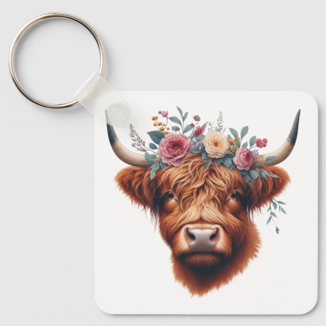 Cute, floral/spring highland cow key ring (Front)