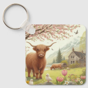 Cute, floral/spring highland cow key ring