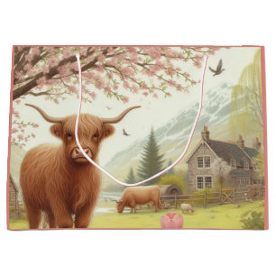 Cute, floral/spring highland cow large gift bag
