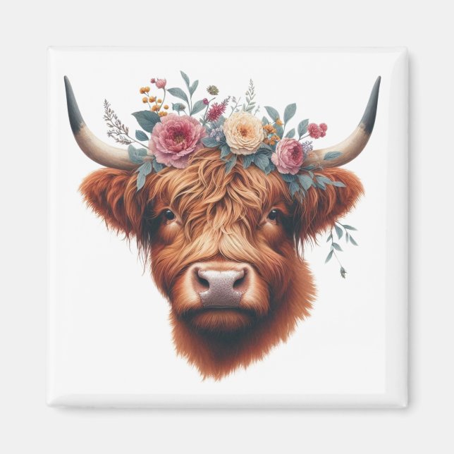 Cute, floral/spring highland cow magnet (Front)