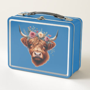 Cute, floral/spring highland cow metal lunch box