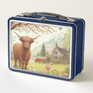 Cute, floral/spring highland cow metal lunch box