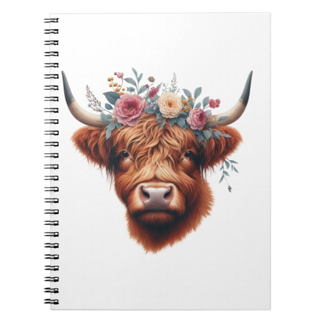 Cute, floral/spring highland cow notebook (Front)