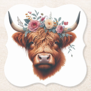 Cute, floral/spring highland cow paper coaster