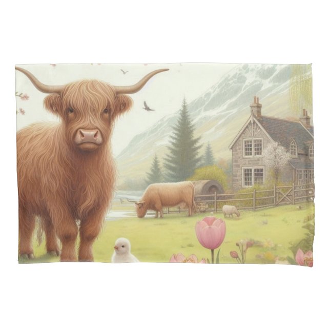Cute, floral/spring highland cow pillowcase (Front)