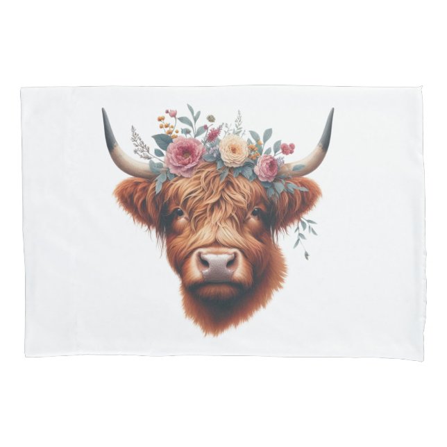 Cute, floral/spring highland cow pillowcase (Front)